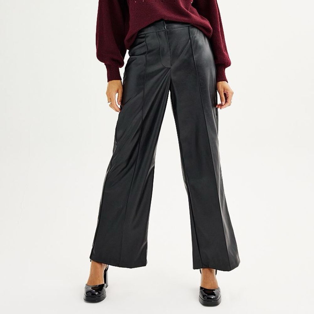 Nine West Mineral Black Pleated Faux Leather Wide Leg Trouser Pants Size 6